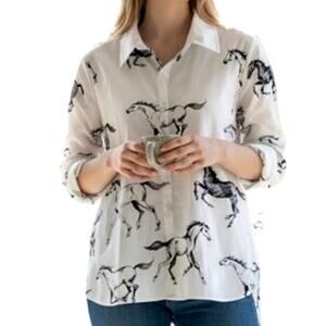Women's Small White Black Button Down V-Neck Horse Print Long Sleeve Blouse